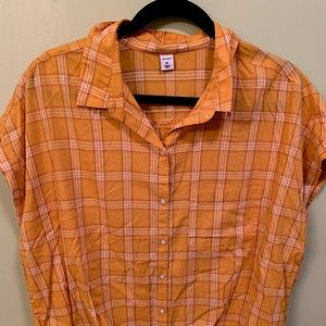 Tie Front Button-up Mustard Plaid Short Sleeve Top